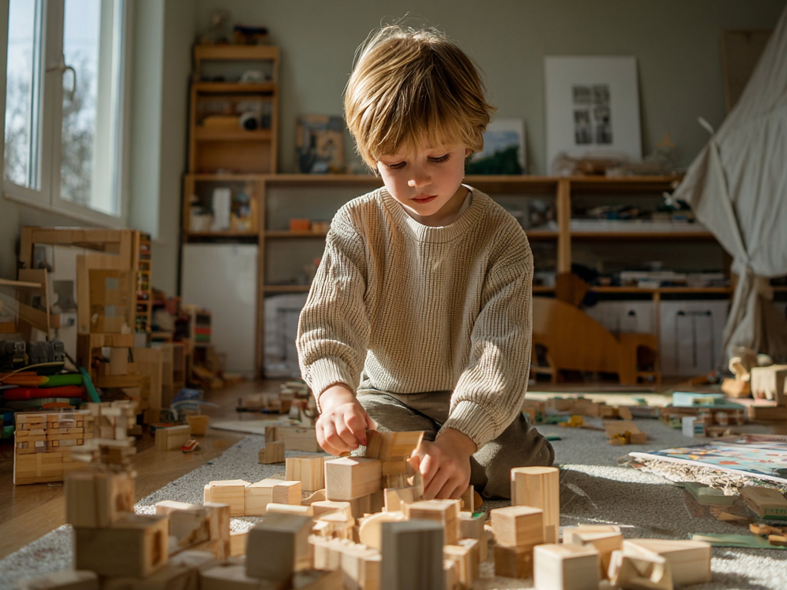 A child building with wooden blocks in a calm room